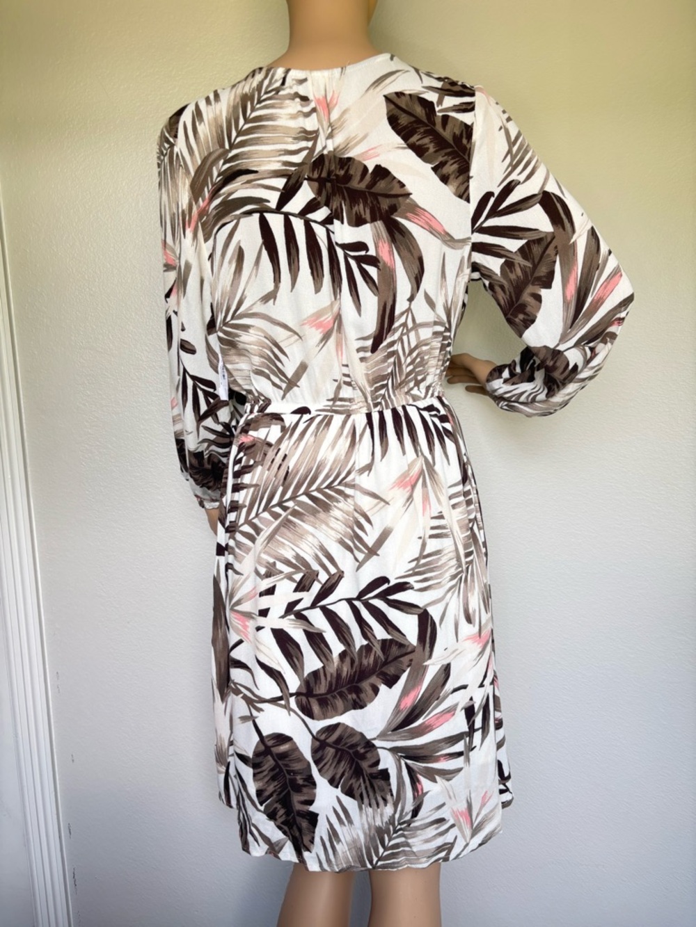 Old Navy White Tropical-Print Long Sleeve Wrap Dress with Brown and Pink Accents - Picture 3 of 16